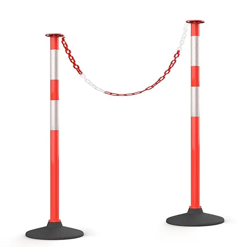 HiGiant 2 Pack 34 Inches Traffic Delineator Posts with Weighted Rubber Base, Portable Orange Safety Posts Cones with Reflective Collars and 5 Ft Plastic Chains for Parking Lot, Construction Work - High Visibility - Main Image