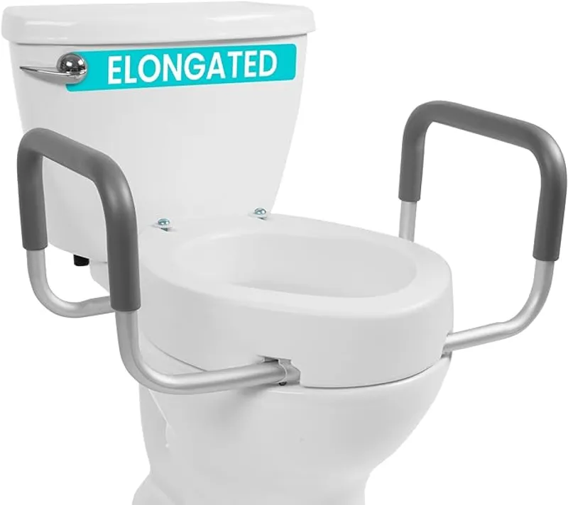 Vive Raised Toilet Seat Riser for Seniors (with Handles) - Handicap Rail Grab Bar Seat for Over Toilet - Elevated Safety for Elderly, Disabled, Medical - Elongated - Main Image