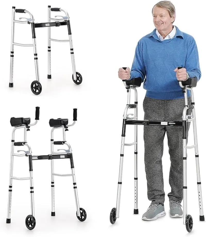 OasisSpace Folding Walker - Standard Walker with 5’’ Wheels, Removable Padded Armrests 300lbs, Platform Walker with Arm Support for Senior, Handicap & Disabled - Main Image