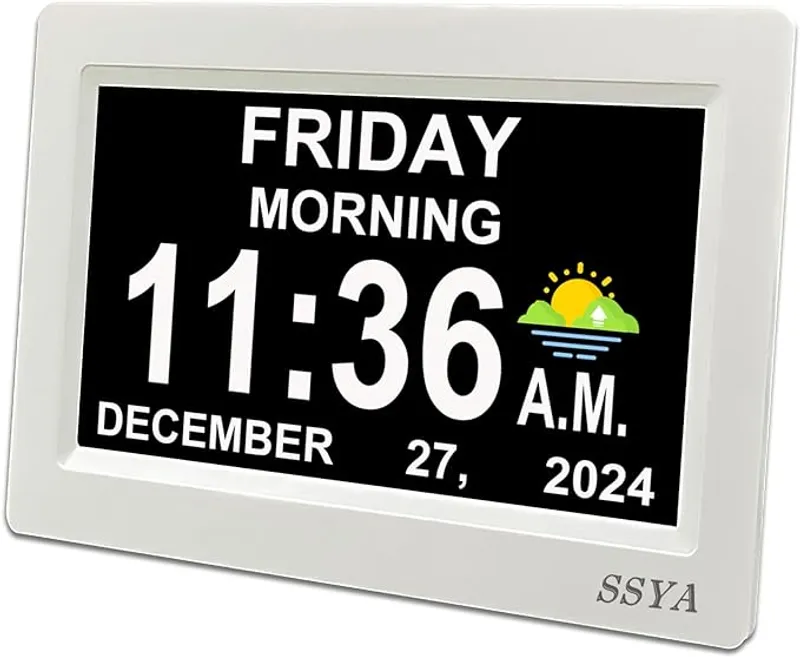 SSYA Digital Calendar Alarm Clock - Dementia Clocks for Seniors, Non-Abbreviated Memory Loss Clock with Date and Time for Elderly (White) - Clear Display for Easier Understanding - Main Image