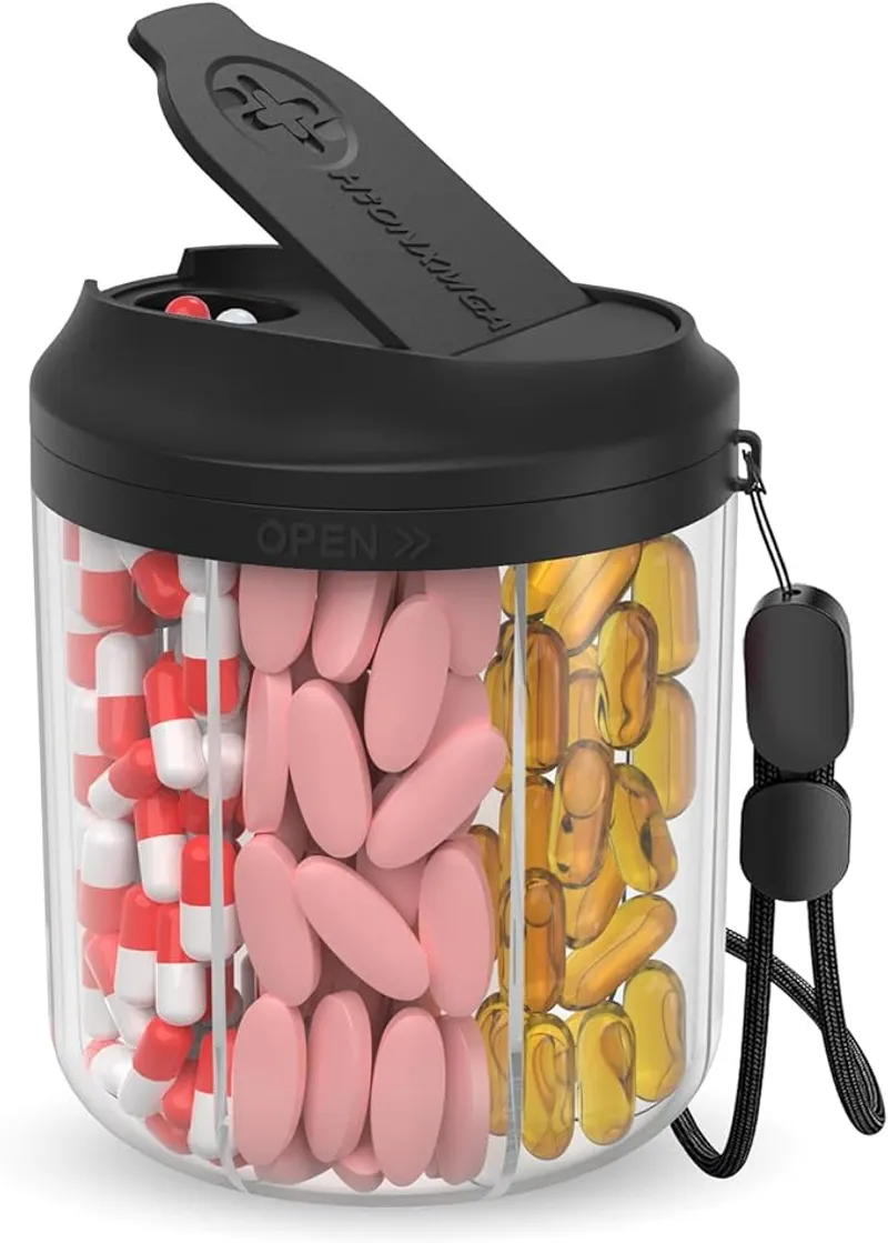 Pill Bottle Organizer with 7 Large Compartments, Pill Dispenser for Travel, Supplement Organizer with Anti-Mixing Design, BPA-Free Pill Container with 20 Pcs Labels, Black - Main Image