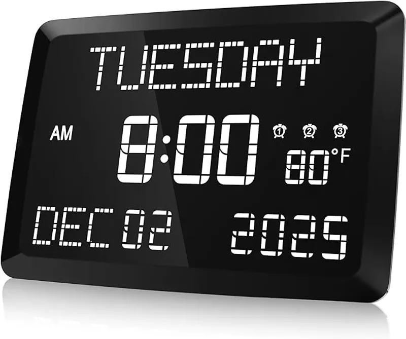 Raynic Digital Clock, 11.5" Large Display Calendar Clock with Day and Date, Indoor Temperature, Adjustable Brightness, Snooze,12/24H, DST for Home, Office, Elderly - Main Image
