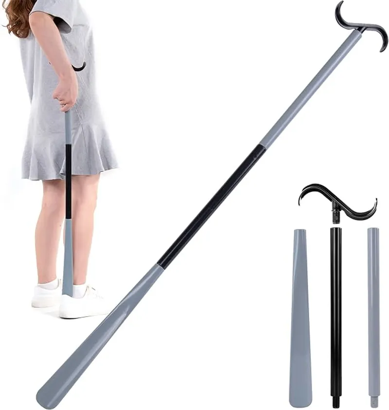35" Long Dressing Stick with Shoe Horn with Sock Removal Tool, Adjustable Extended Dressing Aids for Shoes, Socks, Shirts and Pants Grey and Black - Main Image
