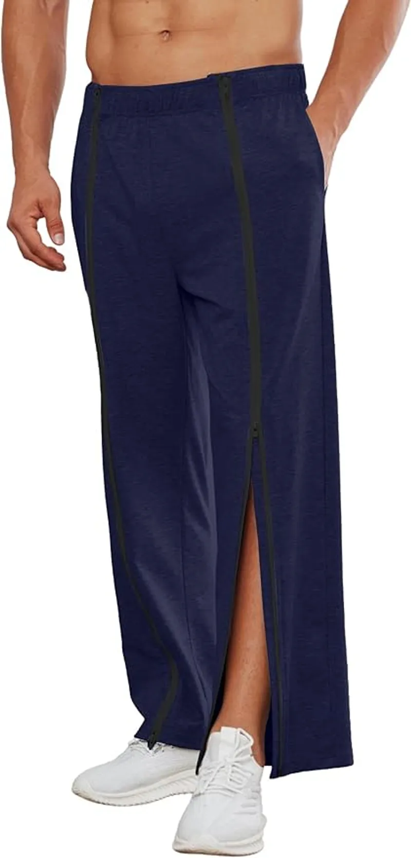Deyeek Tear Away Pants for Men Full Zipper Legs Sweat Pants Mens Open Bottom Sweatpants Breakaway Cotton Post Surgery Pants - Break-Away Design for Easy Exit - Main Image