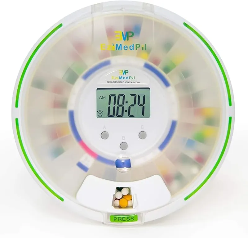 EziMedPil Automatic Pill Dispenser with Alarm, Sound & Light, up to 6 Alarms/Day, 6 Dosage Templates, Easy-Read Display, Frosted Lid & Locked 28-Day Medication Dispenser for Protecting Pills Privacy - Eases Medication Adherence - Main Image