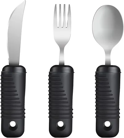 Adaptive Utensils,Easy Grip Silverware,Built-Up Fork,Spoon and Rocker Knife for Adults,Elderly,Arthritis,Tremors and Parkinsons,3 Piece Set - Easy Mealtime Assistance - Main Image