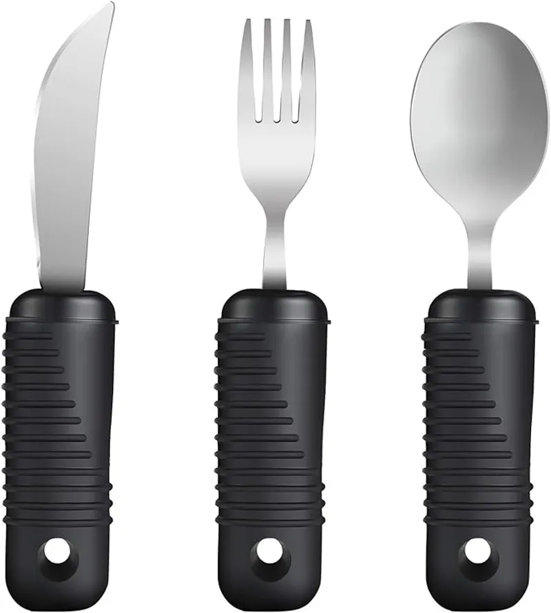 Adaptive Utensils,Easy Grip Silverware,Built-Up Fork,Spoon and Rocker Knife for Adults,Elderly,Arthritis,Tremors and Parkinsons,3 Piece Set - Easy Mealtime Assistance - Main Image
