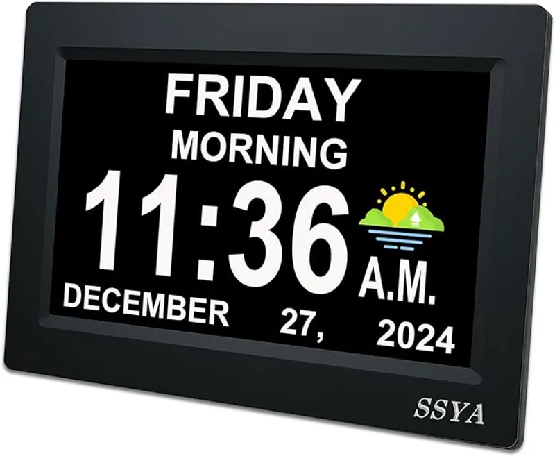 SSYA 7 Inch Calendar Clock - 12 Alarm Options, Level 5 Auto Dimmable Display,Extra Large Impaired Vision Digital Clock with Non-Abbreviated Day & Month (Black) - Main Image