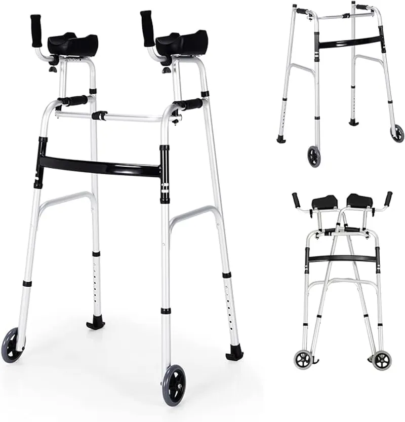 GYMAX Walkers for Seniors, Folding Upright Standard Walkers 440lbs with 5'' Wheels & Removable Padded Armrests, Lightweight Adjustable Rolling Walker for Elderly, Limited Mobility (Silver) - Main Image