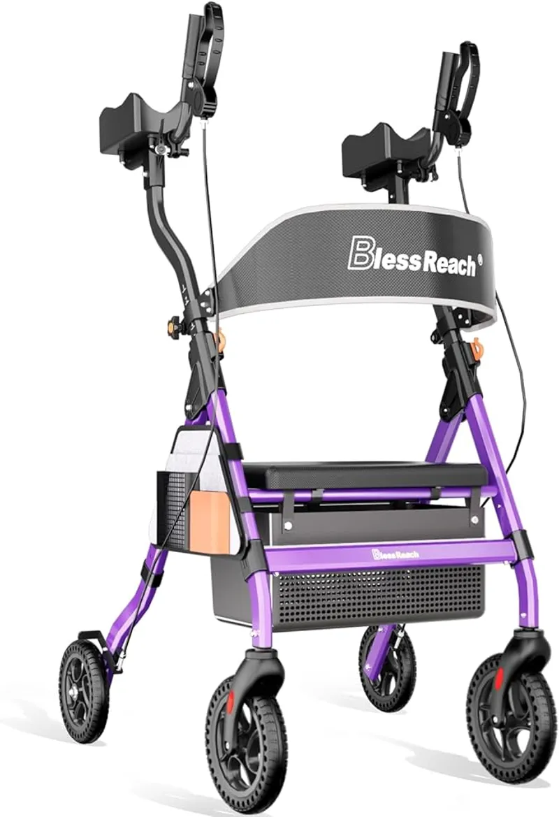 BlessReach Heavy Duty Upright Rollator Walker for Seniors with Seat, 450lb Capacity, 6 Height Adjustments, 8" All-Terrain Wheels, Padded Seat & Backrest, Easy Assembly, Foldable Design (Purple) - Key Benefit or Feature - Main Image