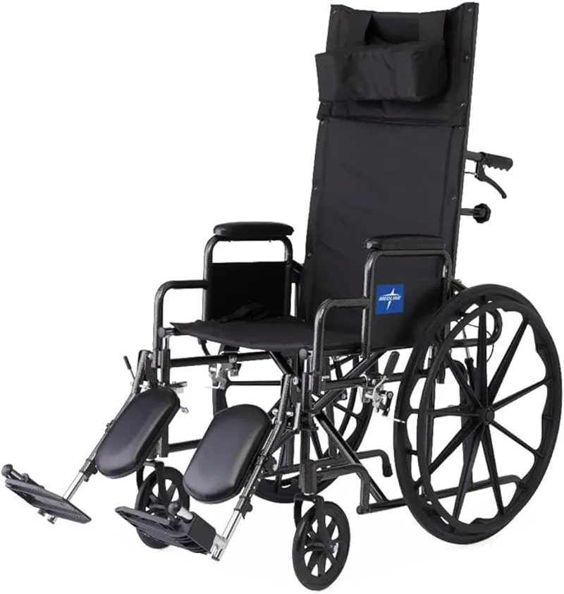 Medline Reclining Wheelchair, 18", with Elevating Leg Rests, Durable Vinyl, 300 lb. Weight Limit, Reclines 90 to 140 Degrees - Comfortable Mobility - Main Image