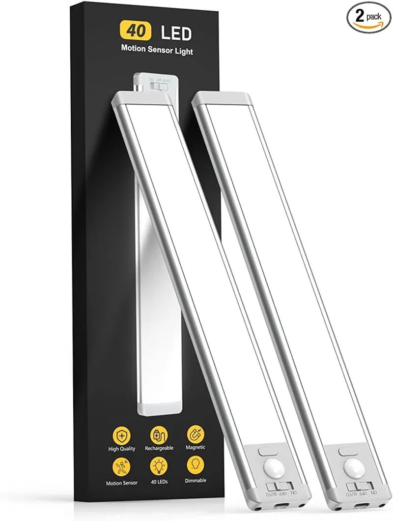 10inch Under Cabinet Lighting, 2 Pack Rechargeable Motion Sensor Light Indoor, 5 Levels Dimmable Magnetic Closet Lights, Wireless Under Counter Lights for Kitchen, Stairs - Main Image