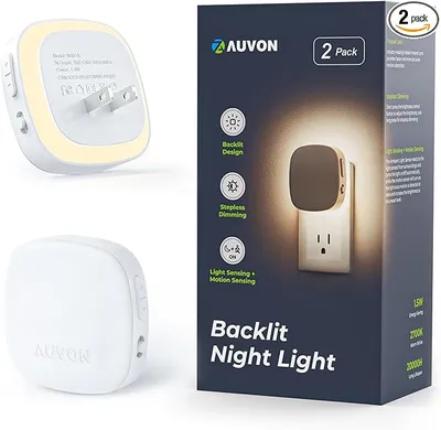 AUVON Plug-in LED Backlit Night Light with Motion Sensor & Dusk to Dawn Sensor, Dimmable Warm White Nightlight with 1-50 lm Adjustable Brightness for Bathroom, Bedroom, Hallway, Stairs (2 Pack) - Perfect for Seniors with Insomnia - Main Image