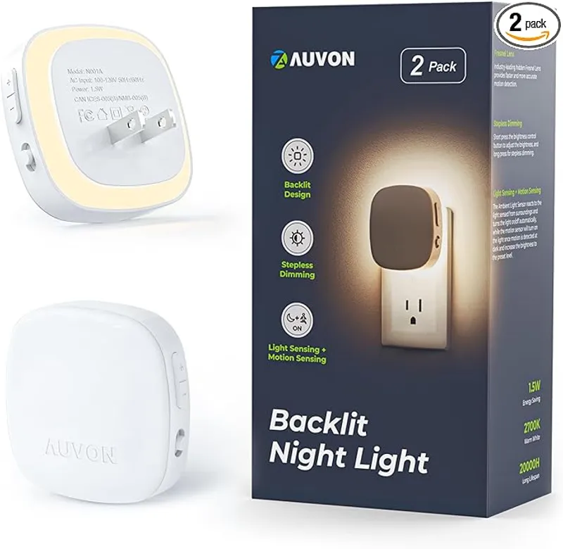 AUVON Plug-in LED Backlit Night Light with Motion Sensor & Dusk to Dawn Sensor, Dimmable Warm White Nightlight with 1-50 lm Adjustable Brightness for Bathroom, Bedroom, Hallway, Stairs (2 Pack) - Perfect for Seniors with Insomnia - Main Image