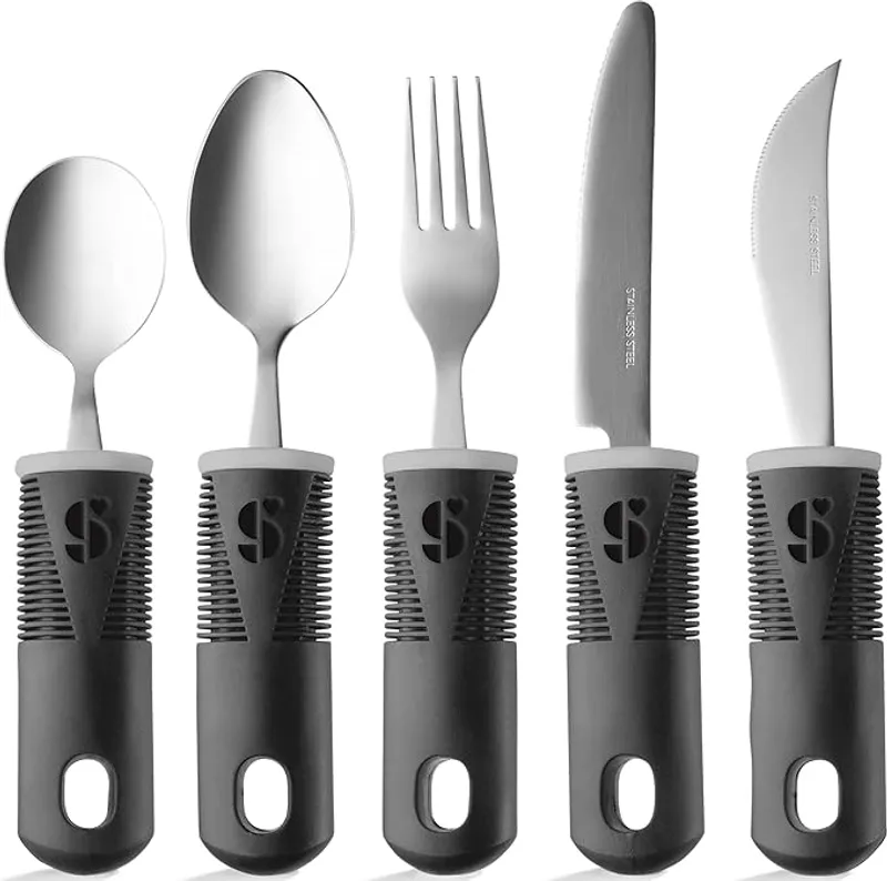 Special Supplies Adaptive Utensils (5-Piece Kitchen Set) Wide, Non-Weighted, Non-Slip Handles for Hand Tremors, Arthritis, Parkinson’s or Elderly Use - Stainless Steel (Black) - Main Image