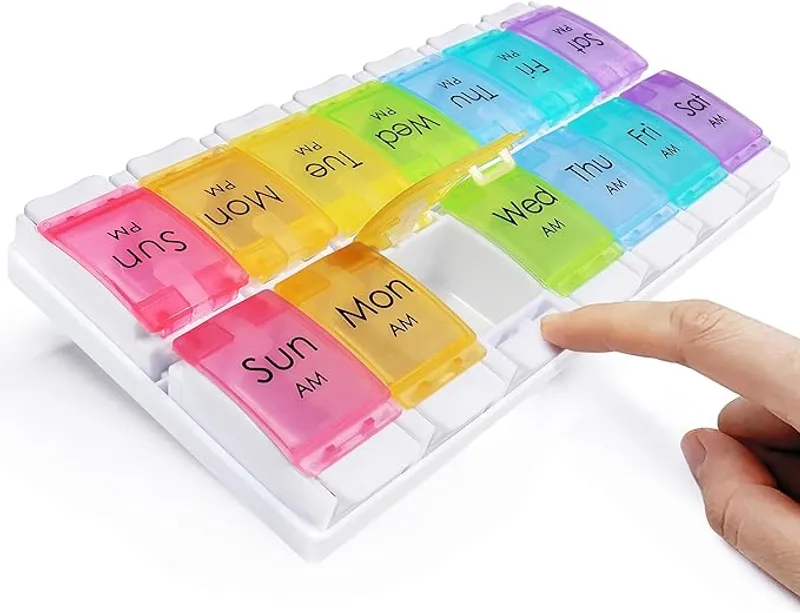 MOLN HYMY Large Pill Organizer 2 Times a Day, AM PM Pill Box 7 Day, 14 Dividers 2 Week Medicine Pill Organizer with Easy Push Button for Medication, Vitamins, Fish Oils, Supplements - Main Image