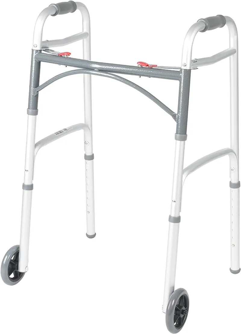 Drive Medical 10210-1 2-Button Folding Walker with Wheels, Rolling Walker, Front Wheel Walker, Lightweight Walkers for Seniors and Adults Weighing Up To 350 Pounds, Adjustable Height, Silver - Safe & Easy Operation - Main Image