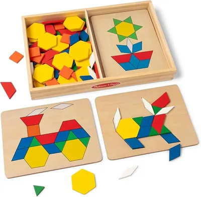 Melissa & Doug Pattern Blocks and Boards with 120 Multi-Colored Wooden Shape Tiles, 5 Double-Sided Puzzle Boards, Tangram Puzzles, Montessori Toys for Girls & Boys - Main Image