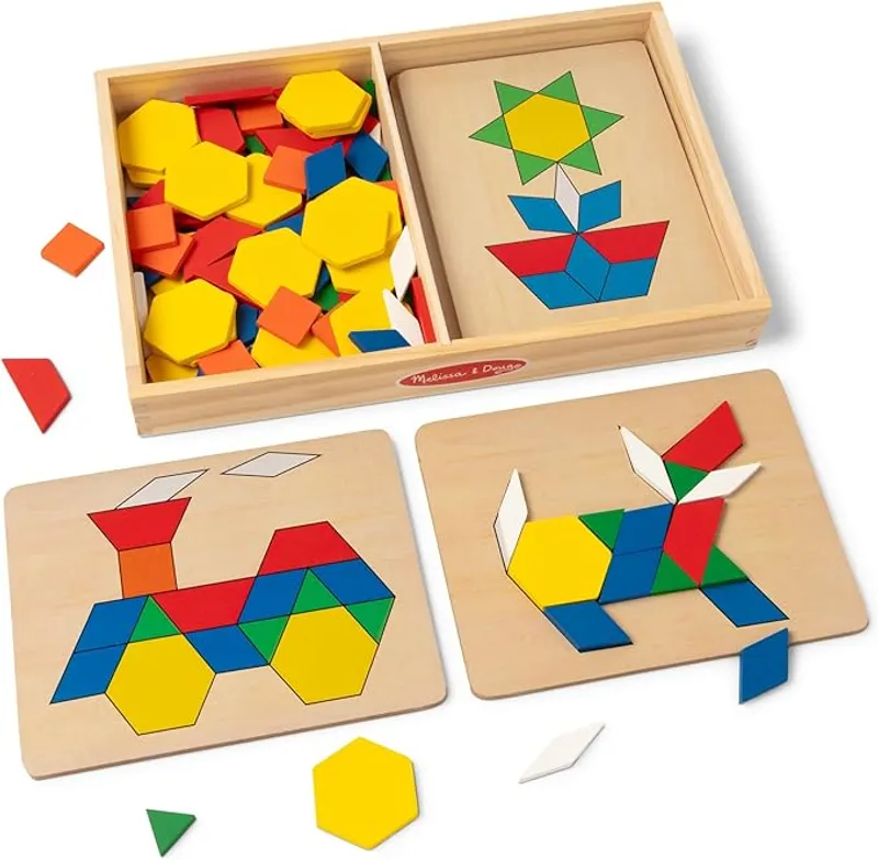 Melissa & Doug Pattern Blocks and Boards with 120 Multi-Colored Wooden Shape Tiles, 5 Double-Sided Puzzle Boards, Tangram Puzzles, Montessori Toys for Girls & Boys - Main Image