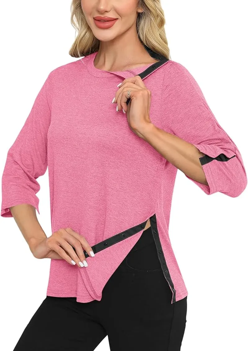 Poriff Women's Full Snap Post Shoulder Surgery Shirts 3/4 Sleeve Chemo Port Tops After Rotator Cuff Adaptive Clothing S - XXL - Comfortable and Versatile Adaptive Clothing - Main Image