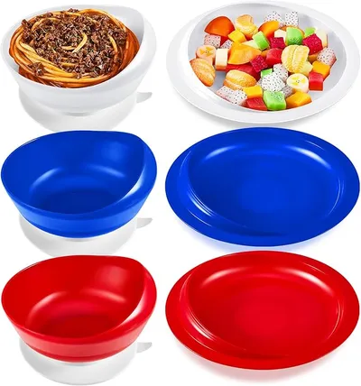 Hushee Adaptive Spill Proof Scoop Bowl and Plate Set with Suction Base Non Skid Self Feed Dinnerware for Elderly Disabled Handicapped from Parkinsons, Dementia, Stroke, Tremor - 3 Sets (White, Blue, Red) - Main benefit/feature: Adaptive design for easy eating - Main Image