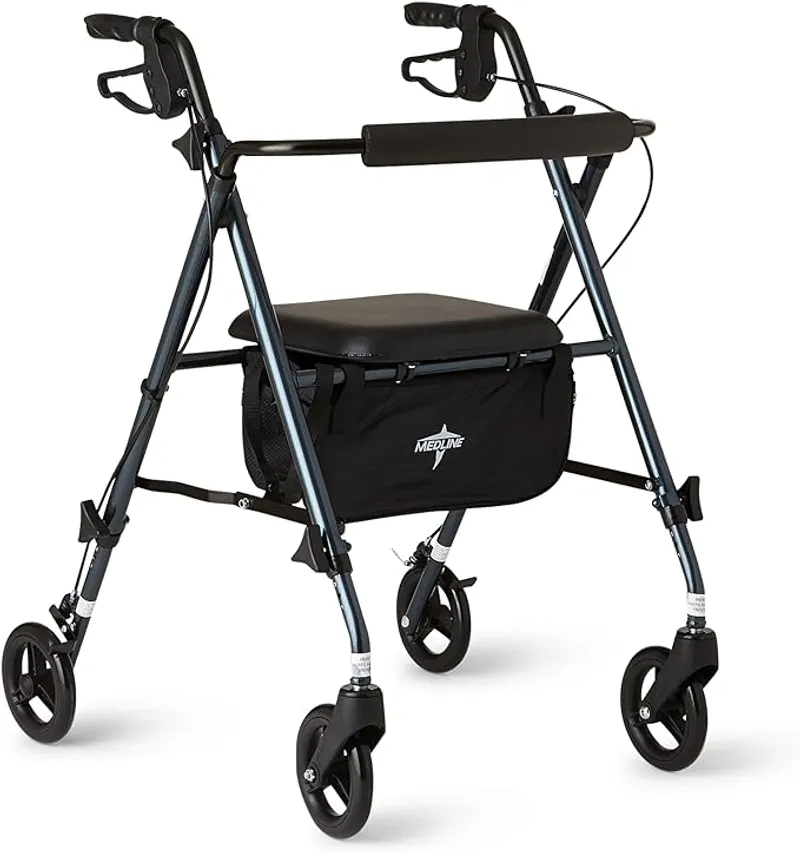 Medline Superlight Folding Aluminum Mobility Rollator Walker, Smoky Blue, 250 lb. Weight Capacity, 6" Wheels - Main Image