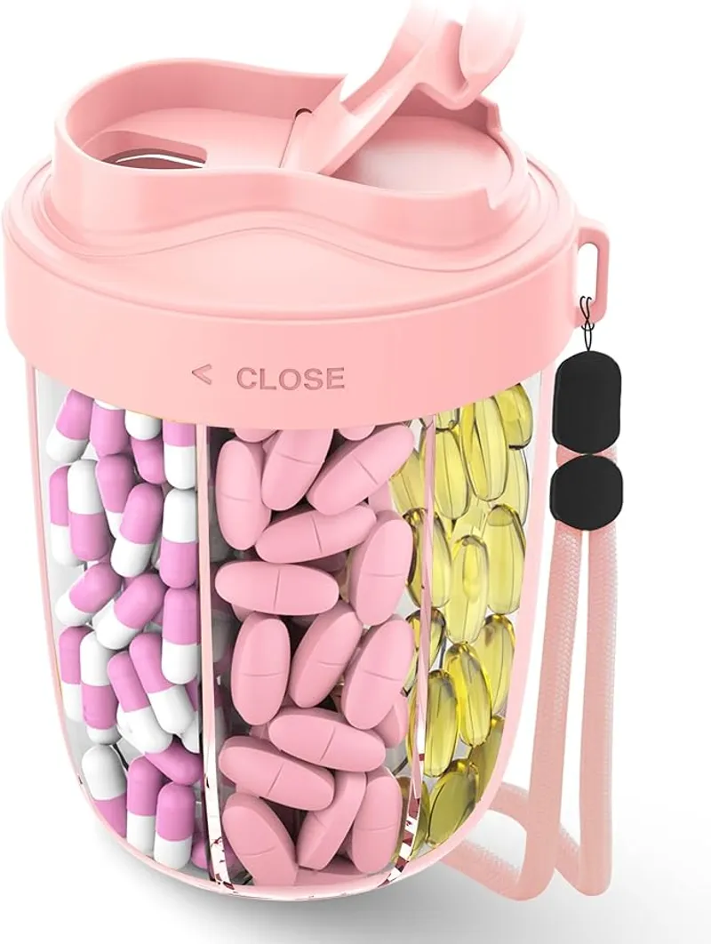 Large Pill Organizer,Supplement Organizer for 7 Different Vitamins,Pill Dispenser with Anti-Mixing Design,Easy to Retrieve Meds,Includes 20 Pcs Labels,Travel Pill Organizer(Pink) - Efficient Medication Management - Main Image