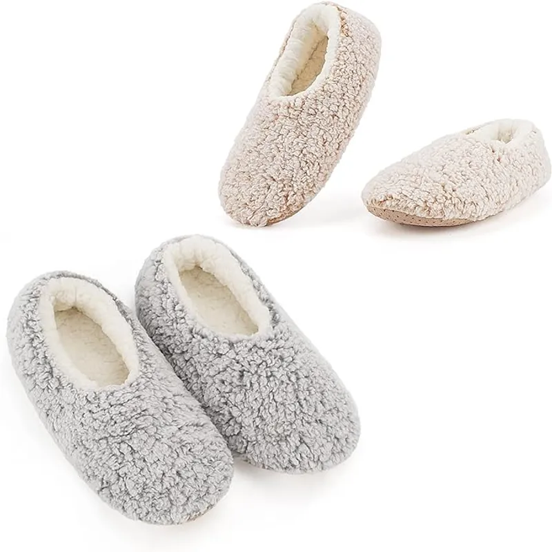 Cozylook 2-Pair Women's Soft Sole Slipper Socks with Grippers, Thick Warm Cozy Sherpa Lined Home Socks Set, Cable Knitted Non-slip Fluffy Winter House Bedroom Slippers - Comfortable and Safety - Main Image
