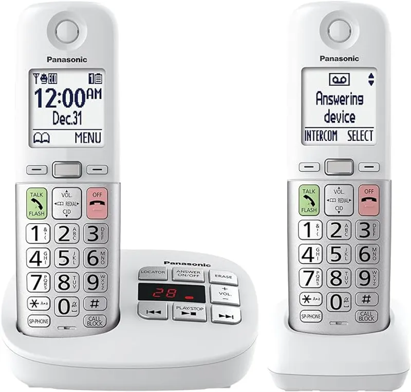 Panasonic Cordless Phone, Easy to Use with Large Display and Big Buttons, Flashing Favorites Key, Built-in Flashlight, Call Block, Volume Boost, Talking Caller ID, 2 Cordless Handsets - KX-TGU432W - Main Image