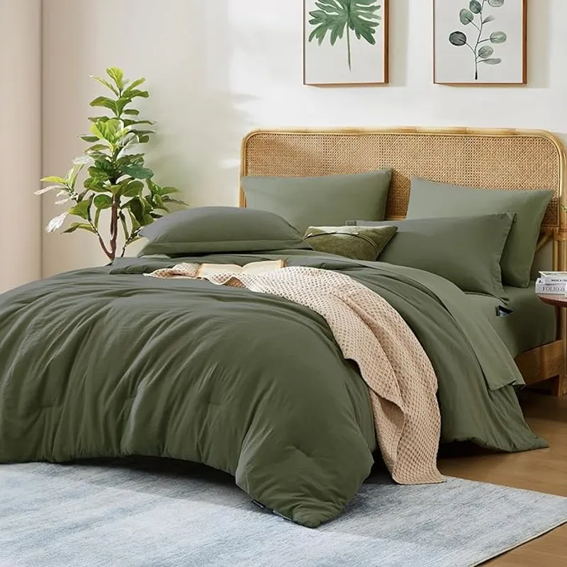 WRENSONGE Queen Comforter Set- 7 Pieces Soft Olive Green Bed in a Bag with Fitted Sheet, Flat Sheet, 2 Pillow Shams, and 2 Pillowcases- Warm Bedding Sets Queen for All Season - Exquisite Minimalist Fashion - Main Image