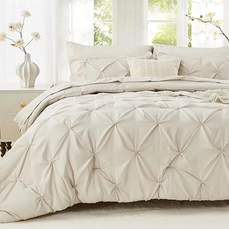 Sasttie Queen Comforter Set, 7-Piece Bed in a Bag, Pintuck Bedding Sets for All Season, Includes Comforter, Flat Sheet, Fitted Sheet, Pillowcases and Pillowshams, Beige - Effortless Bedroom Upgrade - Main Image