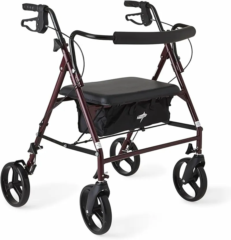 Medline Large Steel Bariatric Rollator Walker with Adjustable Handles, Padded Seat & Backrest, Burgundy, 500 lb. Weight Capacity, Foldable, Under Seat Storage, 8" Wheels, For Seniors & Adults - Main Image