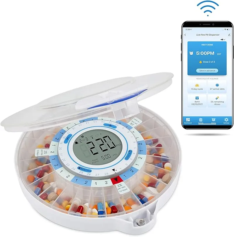 Live Fine Smart WiFi Automatic Pill Dispenser | 28-Day Medication Organizer Up to 9 Doses Per Day for Care Monitoring with Locking Key, Adjustable Light/Sound Alarms for Prescriptions & Vitamins - Main Image