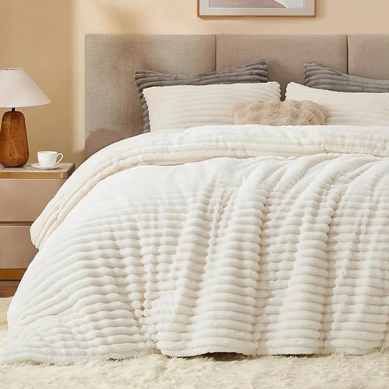 BEDELITE Fleece Queen Comforter Set -Super Soft & Warm Fluffy Cream White Bedding, Luxury Fuzzy Heavy Bed Set for Winter with 2 Pillow Cases - Main Image