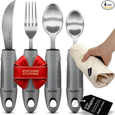 BUNMO Adaptive Utensils for Elderly, Arthritis, Weak Hand Grip & Handicapped - 4 Piece Set - Main Image