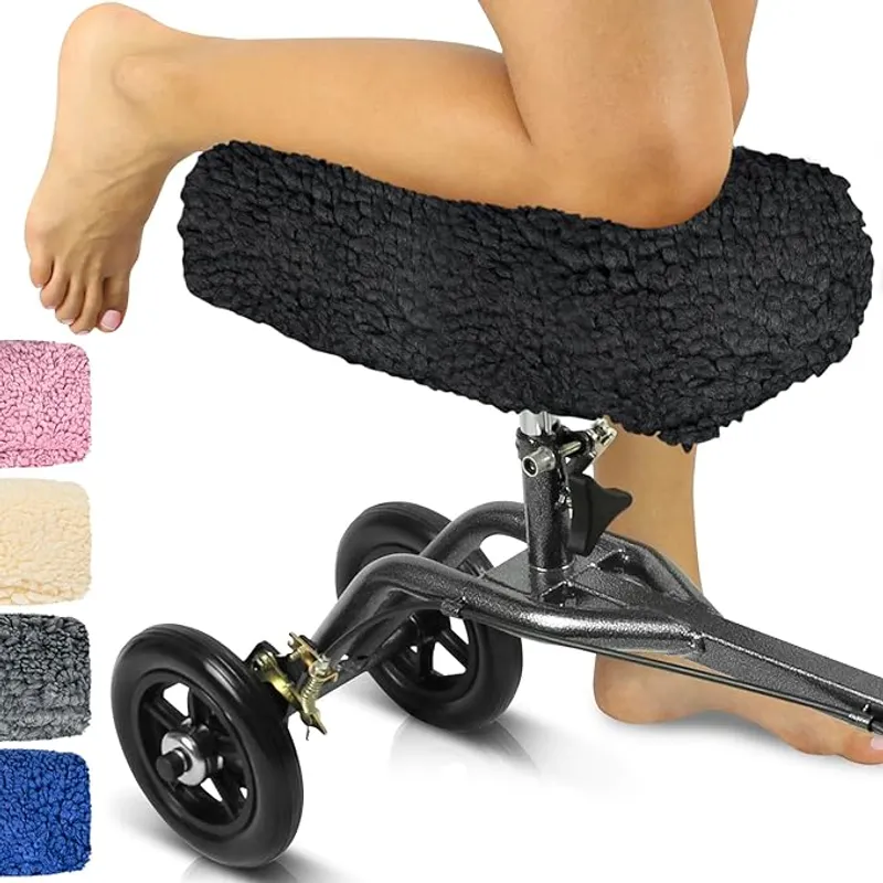 Vive Mobility Knee Scooter Pad Cover - Soft Plush Adult Sheepskin Memory Foam Cushion, Walker Accessory for Knee Roller, Padded Accessories Leg Cart Improves Comfort with Injury, Universal Fit (Black) - Relieves Pain and Pressure - Main Image
