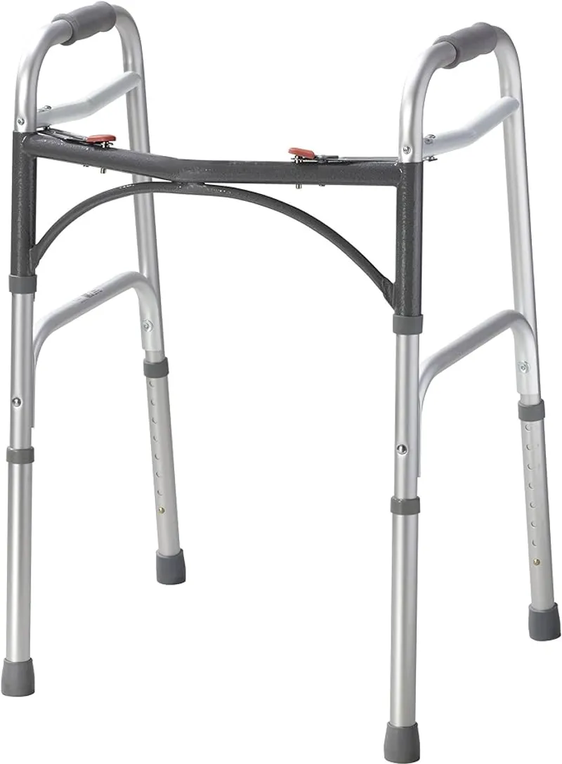 Drive Medical 2-Button Standard Foldable Walker for Seniors, Adults, and Disabled - Basic Walking Aid with Adjustable Legs - 350lb. Weight Capacity - Silver - Main Image