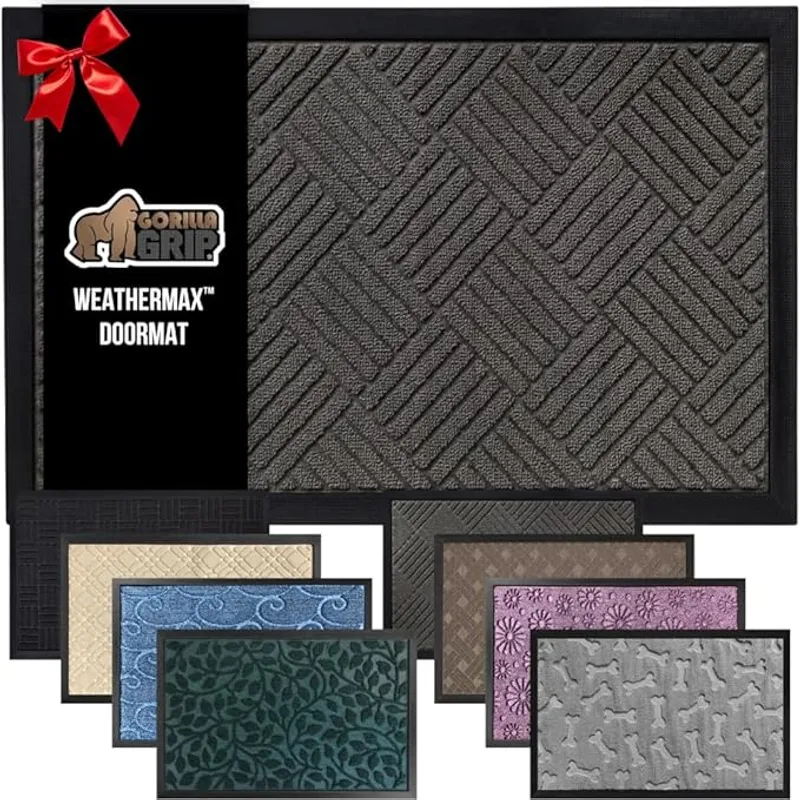GORILLA GRIP 100% Waterproof All-Season WeatherMax Doormat US Designed Natural Rubber, Stain Fade Resistant, Low Profile Indoor Outdoor Door Mats, Easy Clean, 17x29 Gray Diamond - Perfect for High-Traffic Areas - Main Image