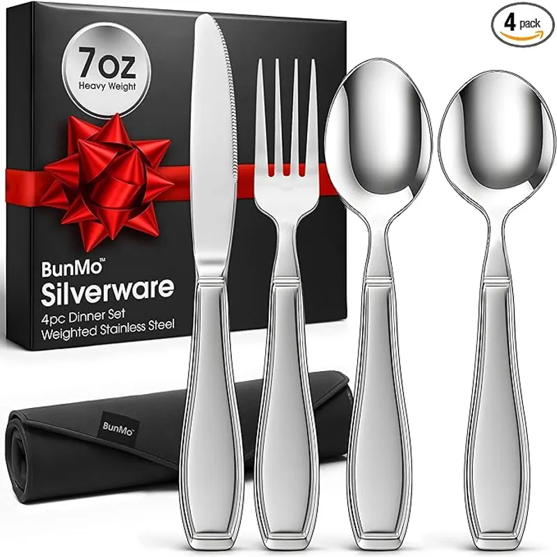 BunMo Weighted Utensils for Tremors and Parkinsons Patients - Heavy Weight Silverware Set of Knife, Fork and Spoon - Parkinsons Gifts for People with Parkinson's - Adaptive Eating Flatware (4 Pieces) - Eat with Ease - Main Image