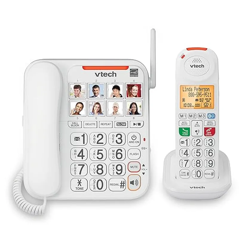 VTech SN5147 Amplified Corded/Cordless Senior Phone with Answering Machine, Call Blocking, 90dB Extra-Loud Visual Ringer, One-Touch Audio Assist on Handset up to 50dB, White - Perfect for Seniors or Hearing Impaired - Main Image