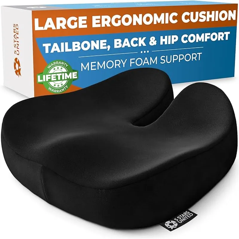 5 STARS UNITED Seat Cushion for Tailbone Pain Relief – Large Memory Foam Cushion for Coccyx, Hip, Sciatica & Post-Surgery Recovery – Wheelchair, Car, Desk, Gaming & Office Chairs, Black - Reduces Spinal Pressure and Increases Blood Flow - Main Image