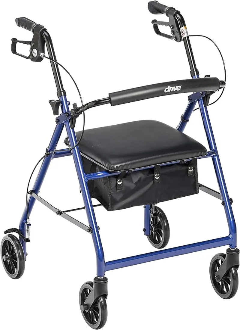 Drive Medical Aluminum Rollator Walker Fold Up and Removable Back Support, Padded Seat, 6" Wheels, Blue,R726BL - Portable Mobility Aid - Main Image