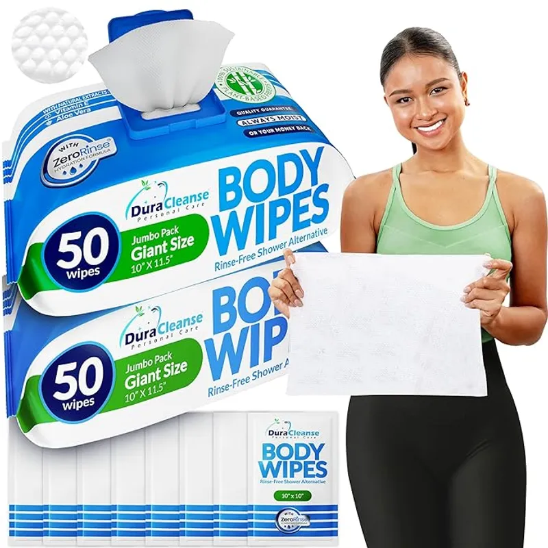 Dura Cleanse Body Wipes for Adults No Rinse Bathing (2 Pack) 100 XL Shower Cloths + 8 Travel Sheets - Main Image