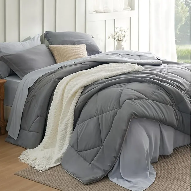 Bedsure Queen Comforter Set - 7 Pieces Reversible Grey Bedding - Main Image