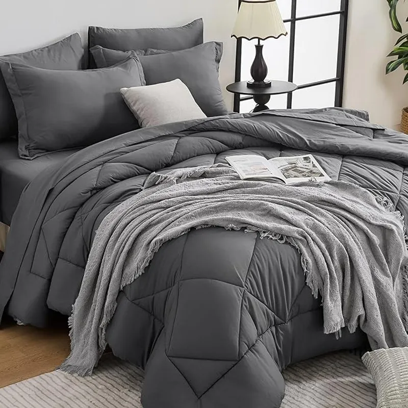 HEVUMYI 7 Pieces Queen Comforter Set, All Season Reversible Bed in a Bag, Ultra Soft Queen Bedding Set with Grey Comforter, Flat Sheet, Fitted Sheet, Pillowcases, Pillow Shams, Dark Grey - Main Image