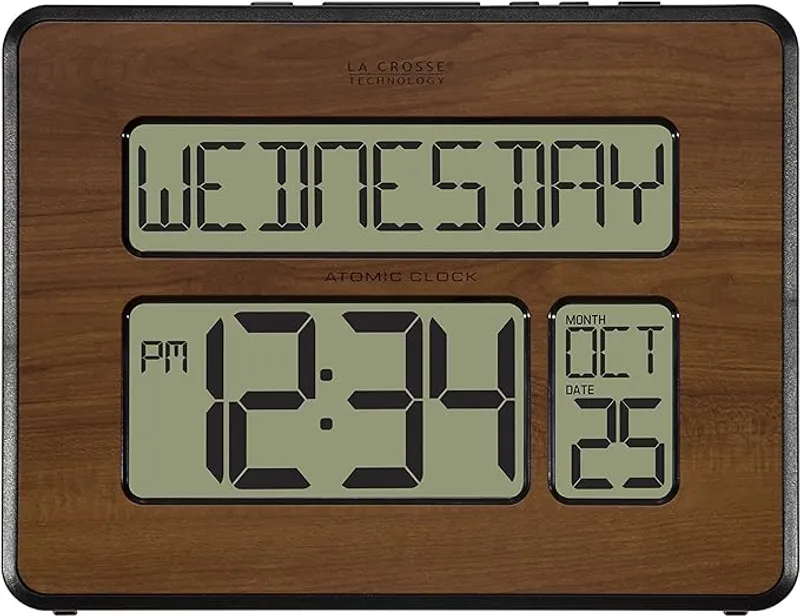 La Crosse Technology 513-1419-WA-INT Atomic Large Full Digital Calendar Clock, Walnut - Perfect for Memory Care - Main Image