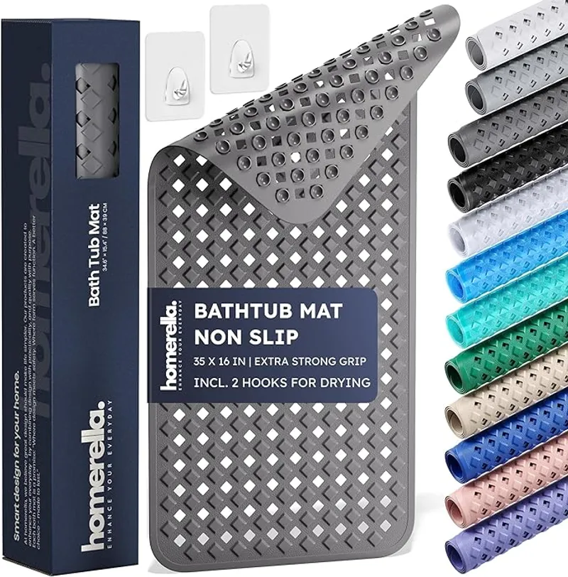 homerella Bathtub Mat Non Slip 35x16, Incl. Hooks for Drying - Main Image