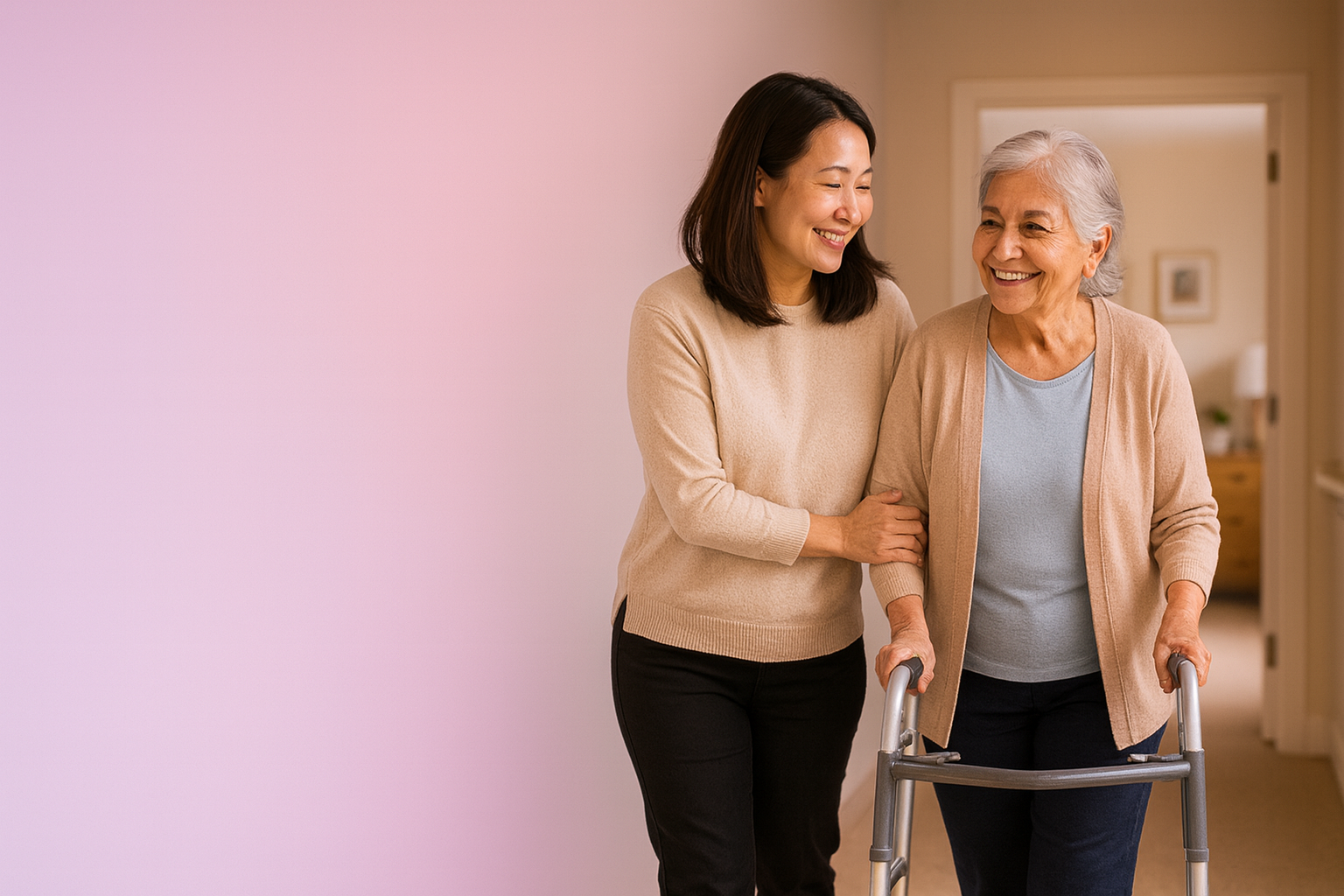 Caring family member helping elderly person